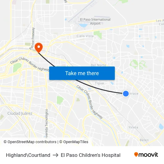 Highland\Courtland to El Paso Children's Hospital map