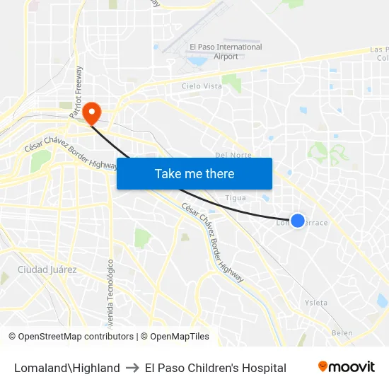 Lomaland\Highland to El Paso Children's Hospital map