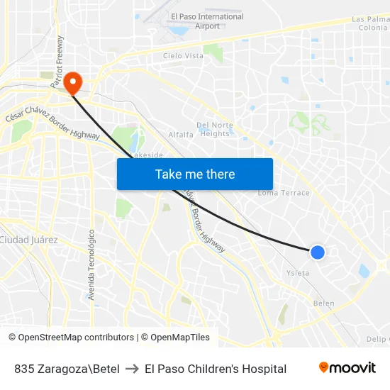 835 Zaragoza\Betel to El Paso Children's Hospital map