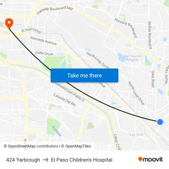 424 Yarbrough to El Paso Children's Hospital map