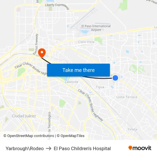 Yarbrough\Rodeo to El Paso Children's Hospital map
