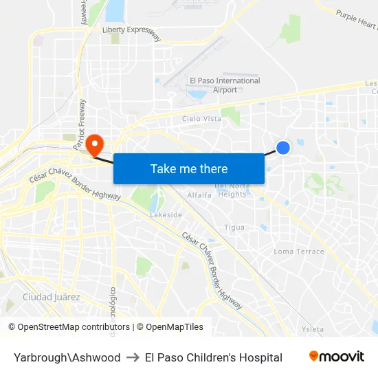 Yarbrough\Ashwood to El Paso Children's Hospital map