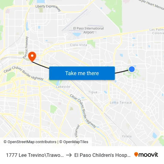 1777 Lee Trevino\Trawood to El Paso Children's Hospital map