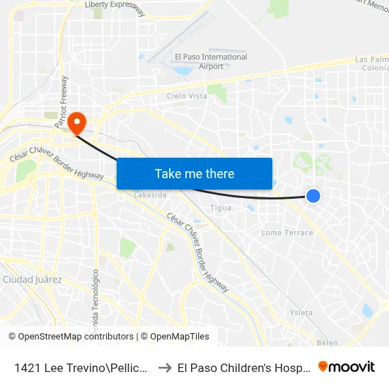 1421 Lee Trevino\Pellicano to El Paso Children's Hospital map