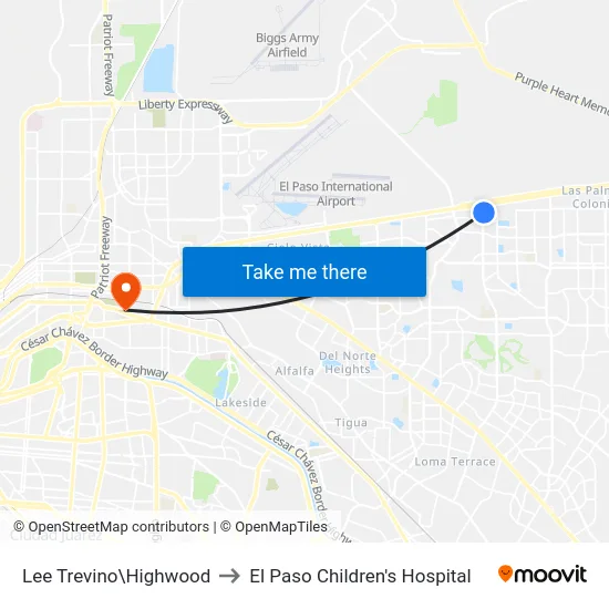 Lee Trevino\Highwood to El Paso Children's Hospital map