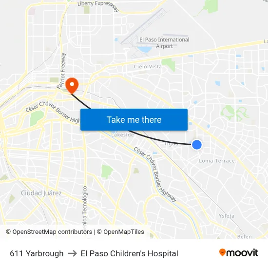 611 Yarbrough to El Paso Children's Hospital map