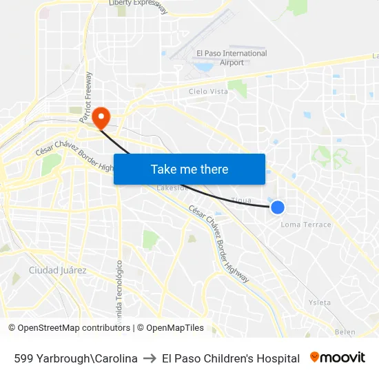 599 Yarbrough\Carolina to El Paso Children's Hospital map
