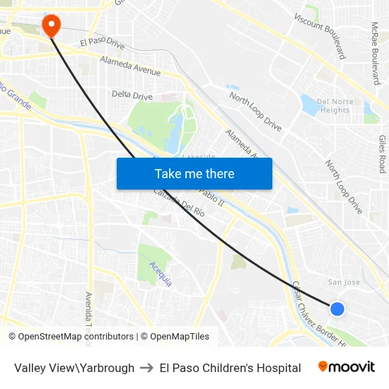 Valley View\Yarbrough to El Paso Children's Hospital map