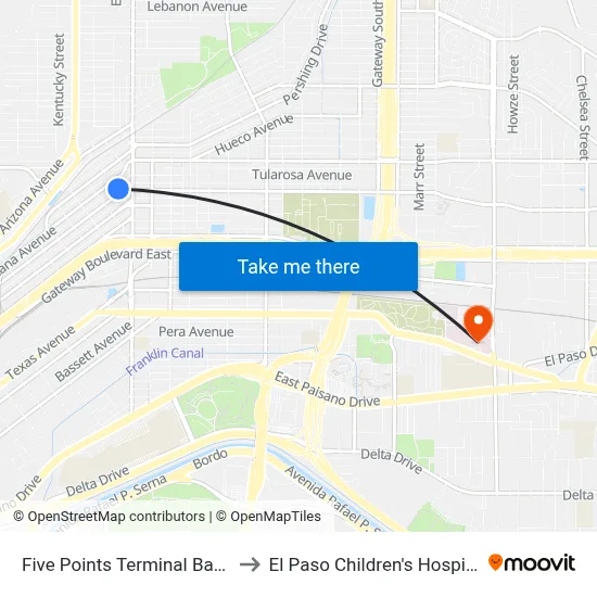 Five Points Terminal Bay F to El Paso Children's Hospital map