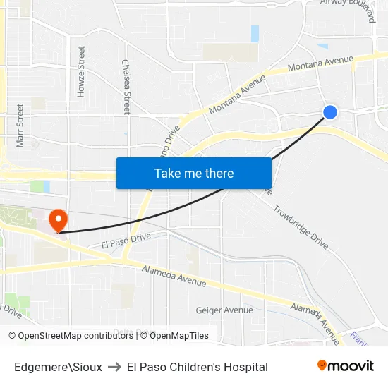 Edgemere\Sioux to El Paso Children's Hospital map