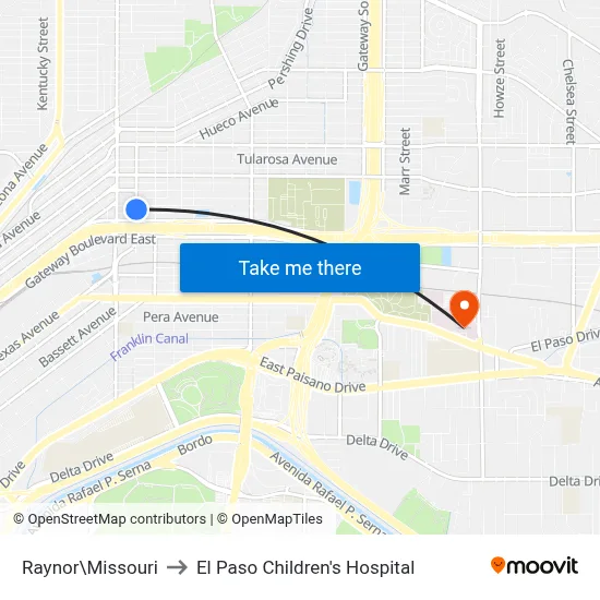 Raynor\Missouri to El Paso Children's Hospital map