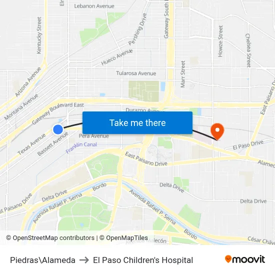 Piedras\Alameda to El Paso Children's Hospital map