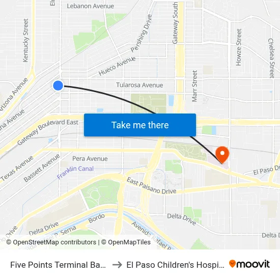 Five Points Terminal Bay A to El Paso Children's Hospital map