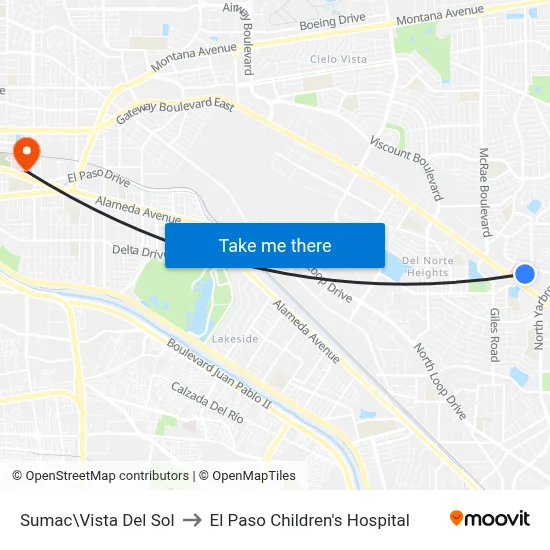 Sumac\Vista Del Sol to El Paso Children's Hospital map
