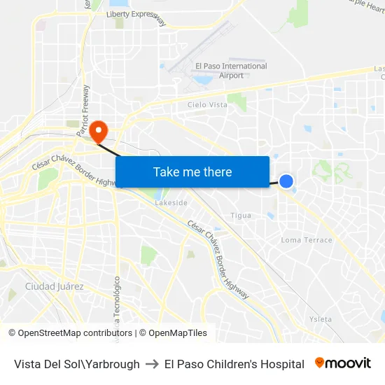 Vista Del Sol\Yarbrough to El Paso Children's Hospital map
