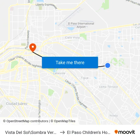 Vista Del Sol\Sombra Verde Dr. to El Paso Children's Hospital map