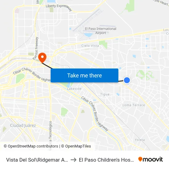 Vista Del Sol\Ridgemar Apts. to El Paso Children's Hospital map
