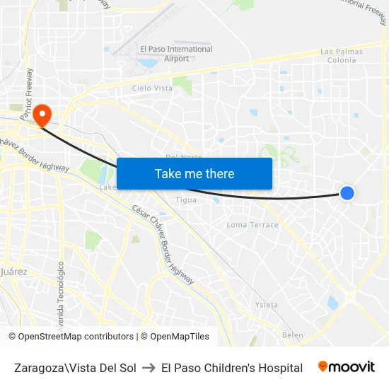 Zaragoza\Vista Del Sol to El Paso Children's Hospital map
