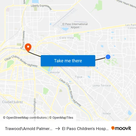 Trawood\Arnold Palmer Dr. to El Paso Children's Hospital map