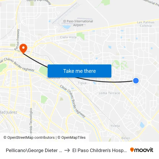 Pellicano\George Dieter Dr. to El Paso Children's Hospital map