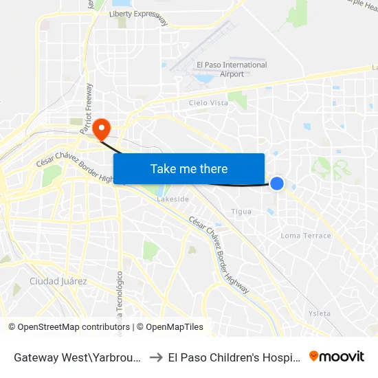 Gateway West\Yarbrough to El Paso Children's Hospital map