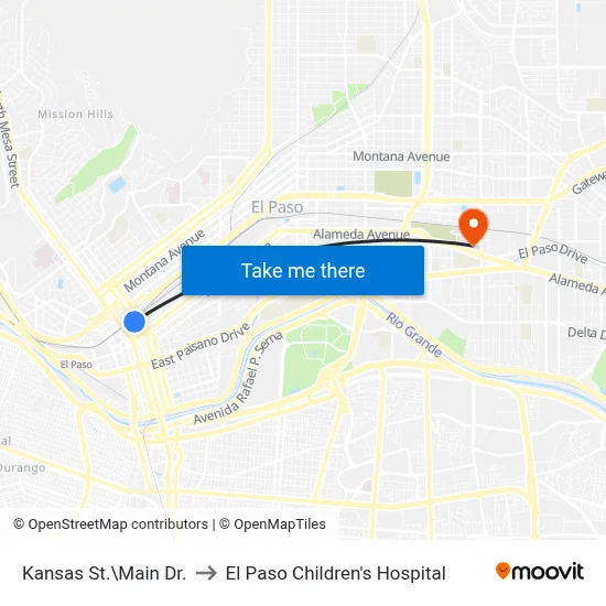 Kansas St.\Main Dr. to El Paso Children's Hospital map