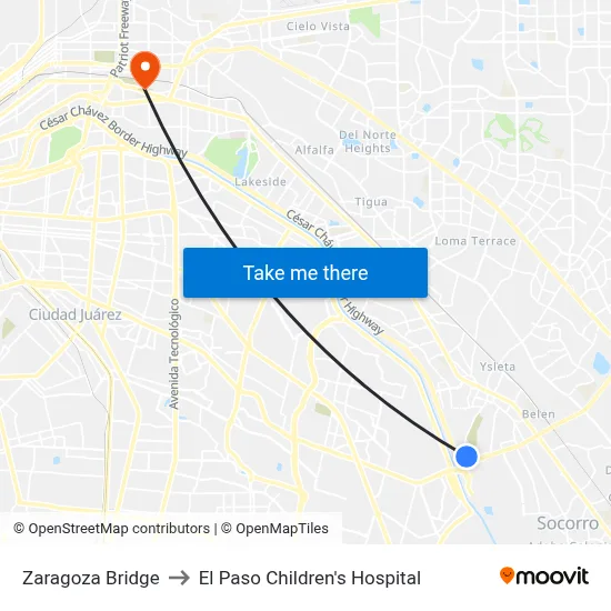 Zaragoza Bridge to El Paso Children's Hospital map