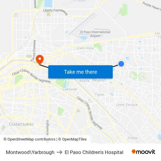 Montwood\Yarbrough to El Paso Children's Hospital map
