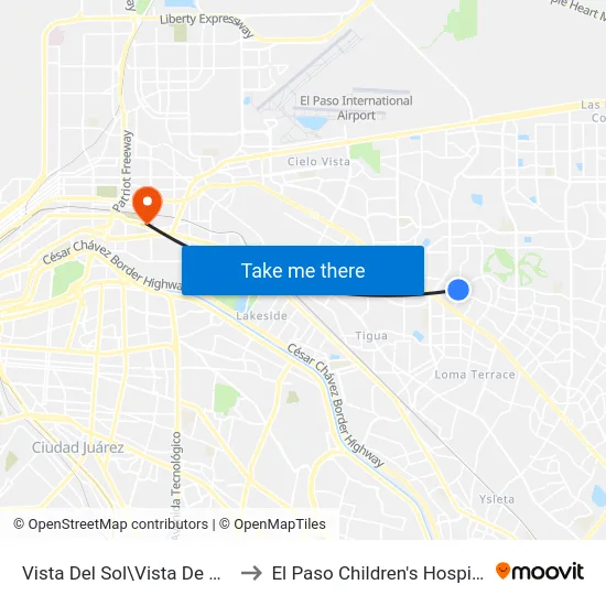 Vista Del Sol\Vista De Oro to El Paso Children's Hospital map