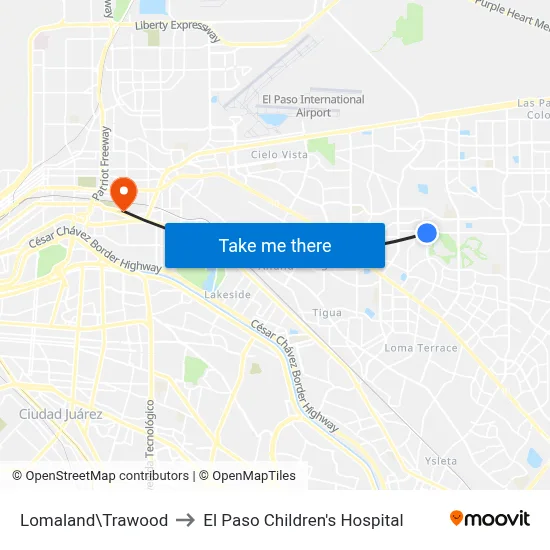 Lomaland\Trawood to El Paso Children's Hospital map