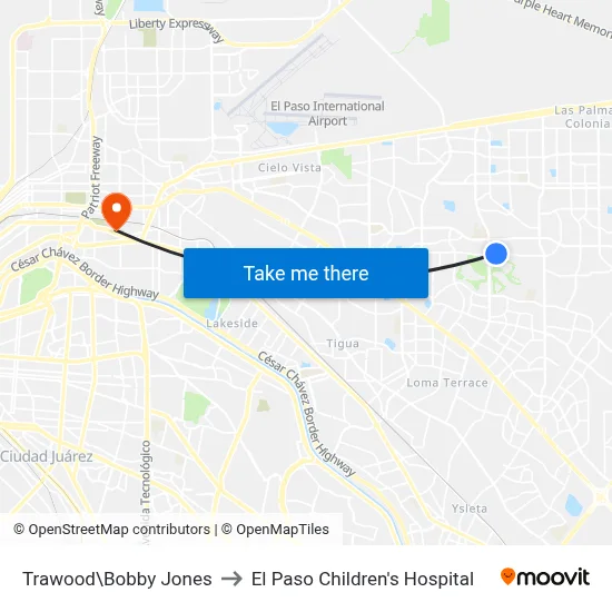 Trawood\Bobby Jones to El Paso Children's Hospital map