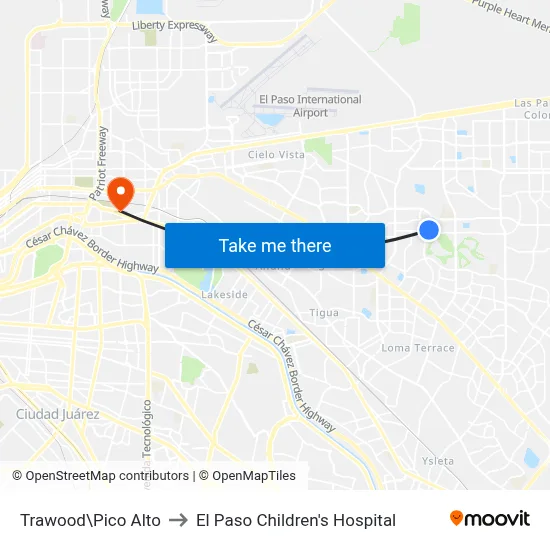 Trawood\Pico Alto to El Paso Children's Hospital map