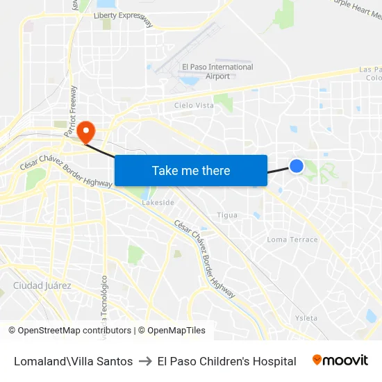 Lomaland\Villa Santos to El Paso Children's Hospital map
