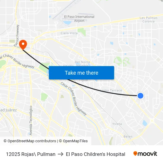 12025 Rojas\ Pullman to El Paso Children's Hospital map