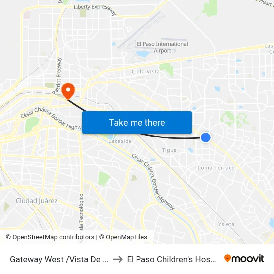 Gateway West /Vista De Oro to El Paso Children's Hospital map