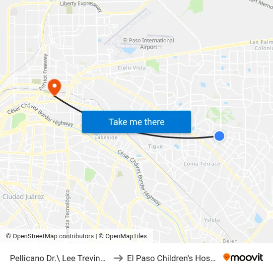 Pellicano Dr.\ Lee Trevino Dr. to El Paso Children's Hospital map