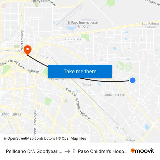 Pellicano Dr.\ Goodyear Dr. to El Paso Children's Hospital map
