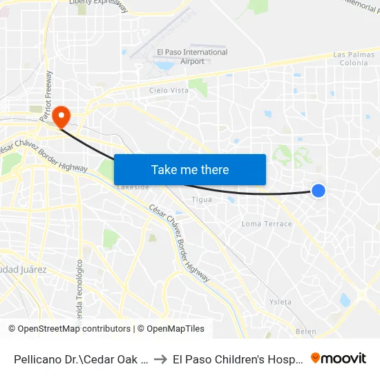 Pellicano Dr.\Cedar Oak Dr. to El Paso Children's Hospital map
