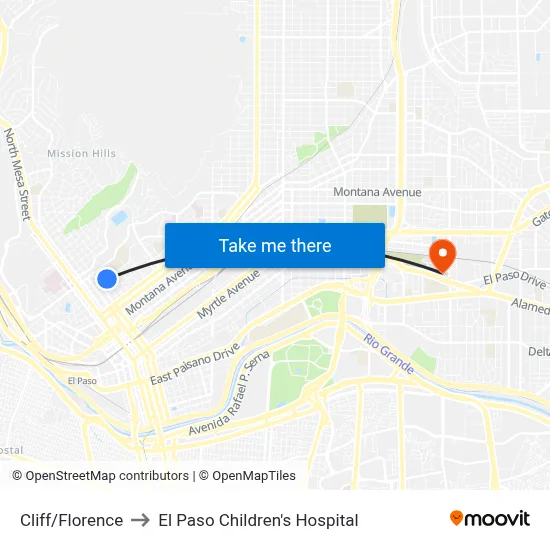 Cliff/Florence to El Paso Children's Hospital map