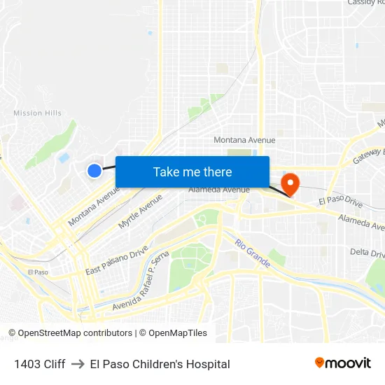 1403 Cliff to El Paso Children's Hospital map