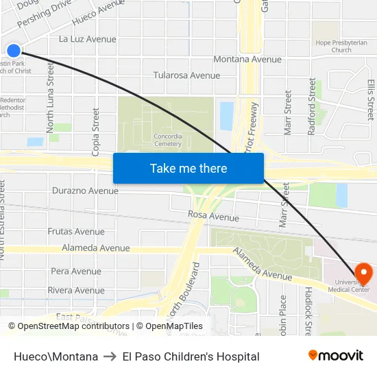 Hueco\Montana to El Paso Children's Hospital map