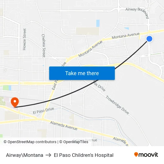 Airway\Montana to El Paso Children's Hospital map