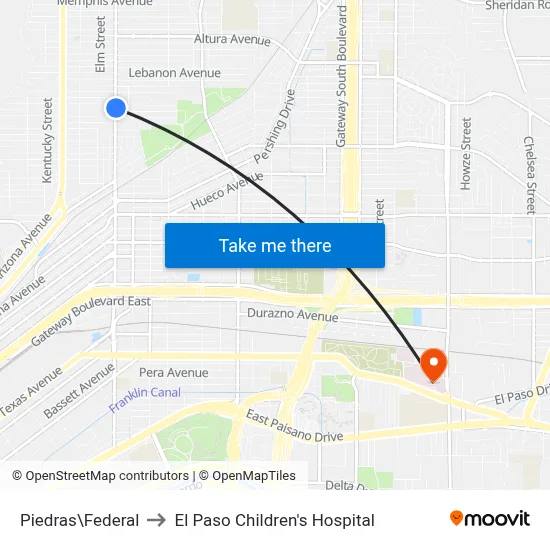 Piedras\Federal to El Paso Children's Hospital map