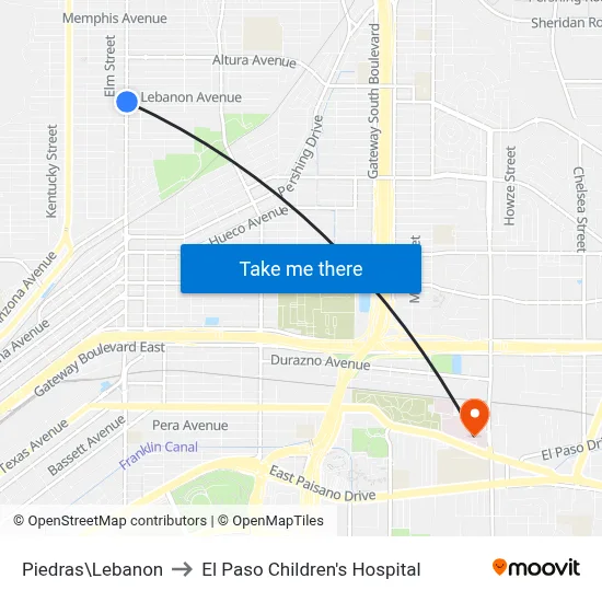 Piedras\Lebanon to El Paso Children's Hospital map