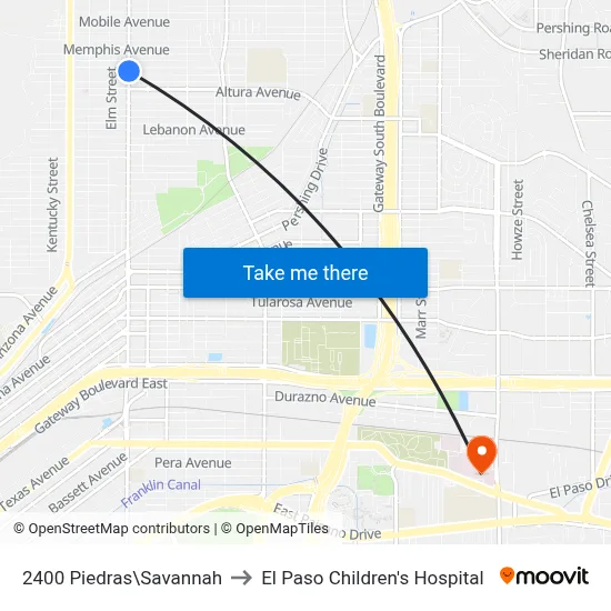 2400 Piedras\Savannah to El Paso Children's Hospital map