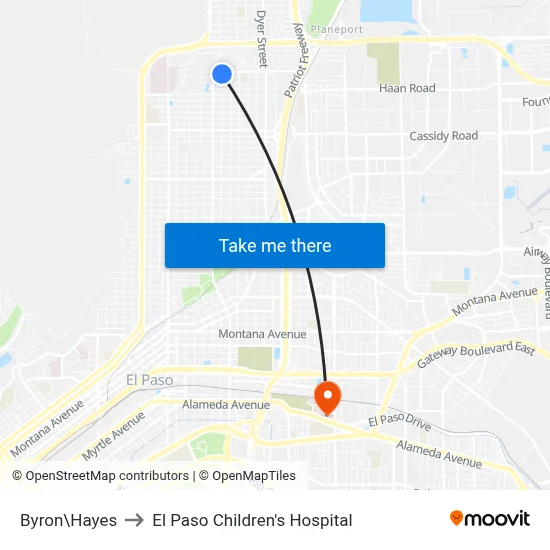 Byron\Hayes to El Paso Children's Hospital map