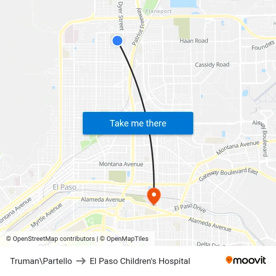 Truman\Partello to El Paso Children's Hospital map