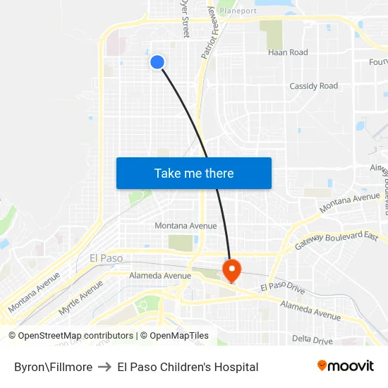 Byron\Fillmore to El Paso Children's Hospital map