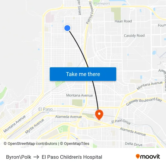 Byron\Polk to El Paso Children's Hospital map