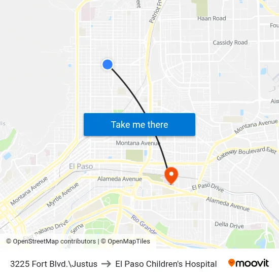 3225 Fort Blvd.\Justus to El Paso Children's Hospital map